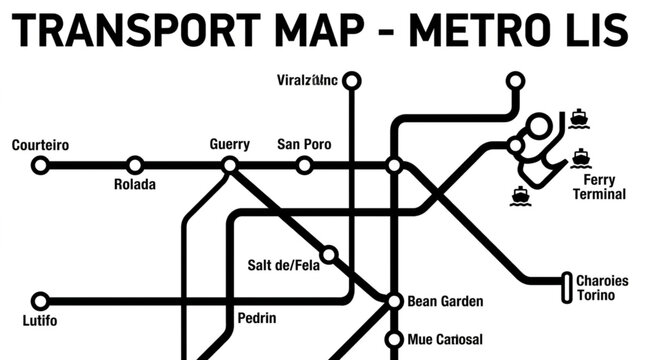 Lisbon Metro Transport Map with Lines and Stations.
