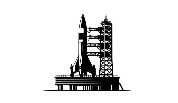 Black silhouette of a rocket on a launchpad with a tower structure isolated on white background
