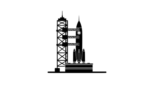 Black silhouette of a rocket on a launchpad with a tower structure isolated on white background
