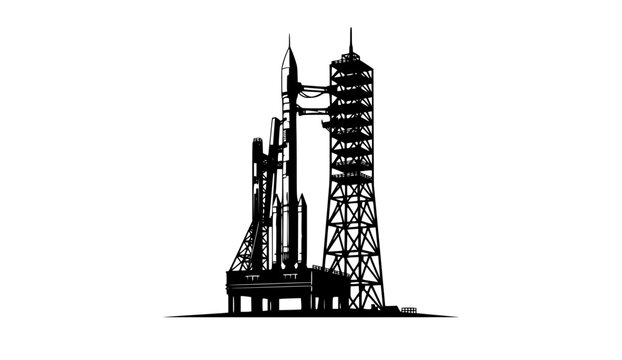 Black silhouette of a rocket on a launchpad with a tower structure isolated on white background
