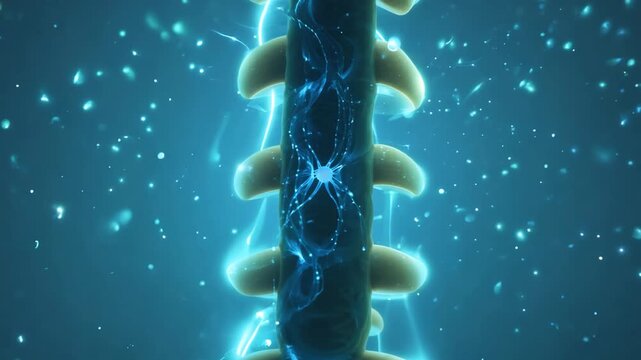 Human spine illuminated with glowing blue light, showcasing vertebrae and neural connections, with particles floating in the background, creating a dynamic visual effect