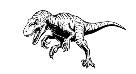 Fototapeta premium Illustration of a Velociraptor dinosaur in a dynamic pose, black and white, on white background