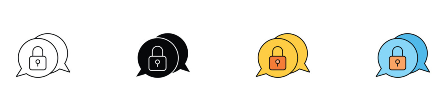 Secure chat and encrypted message icon set. Vector illustration of private conversation, communication safety, and data protection symbols in outline, glyph, and colorful flat styles.