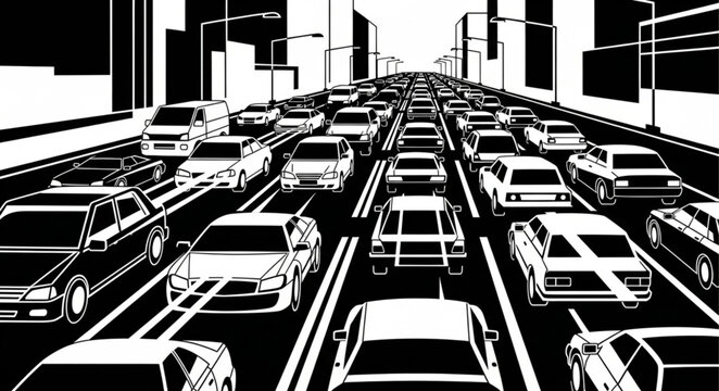 Busy city street with many cars in traffic jam illustration.