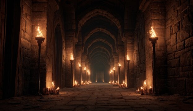 Dark medieval castle corridor illuminated by torches with high gigapixel detail