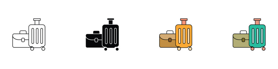 Travel suitcase and business briefcase icon set. Vector illustration of luggage on wheels and a handheld bag in outline, glyph, and colorful flat styles for tourism and corporate trips. © MdNurul