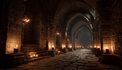 Obraz premium Dark medieval castle corridor with flickering torch lighting, stone walls and arched ceilings, creating an atmospheric and mysterious setting