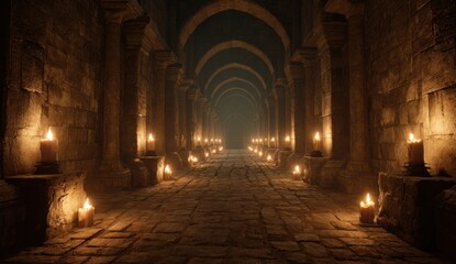 Obraz premium Dark medieval castle corridor illuminated by wall-mounted torches with stone arches and ancient brick walls