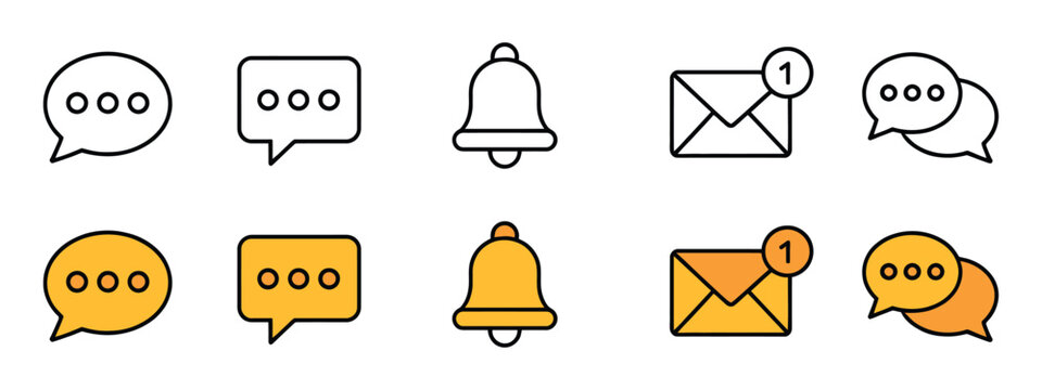 Communication and notification icon set. Vector illustration of speech bubbles, notification bell, and email envelope with alert in outline and colorful flat styles for social media and UI design.