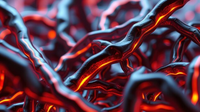 Intricate network, glowing red lines within dark structures. Abstract organic forms suggest complex internal systems, possibly biological or technological.