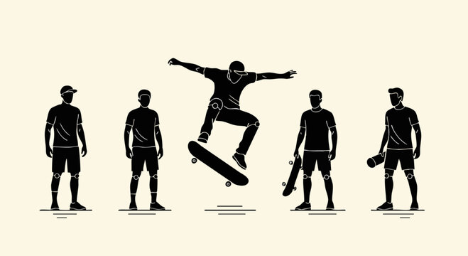 Skateboarder Silhouettes Performing Kickflip and Standing Poses