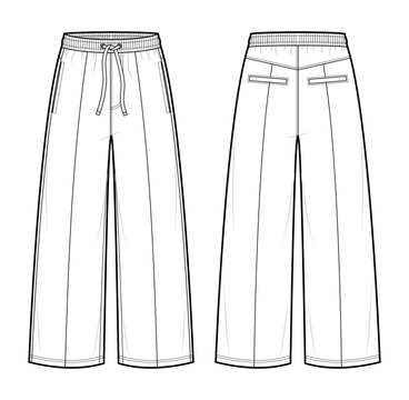 Classic wide straight-Leg loungewear Pants Fashion Illustration. Unisex Trousers Vector Template. Front and Back View. Elastic Waist Drawstring. Panelled Construction. Welt Pockets. CAD Mockup Set