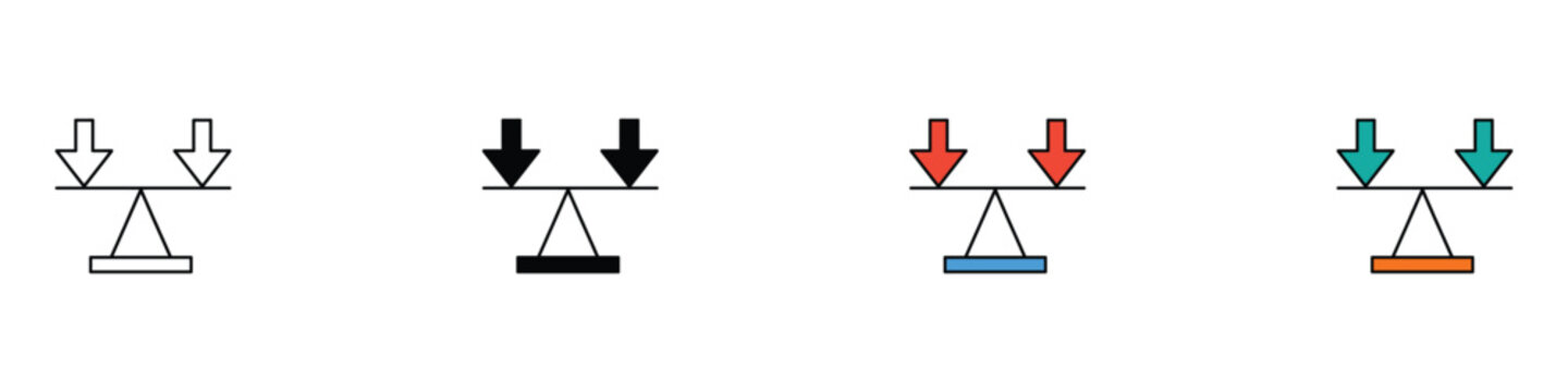 Balance scale and comparison equality icon set. Vector illustration of a seesaw with downward arrows in outline, glyph, and colorful flat styles for weighing options and justice.