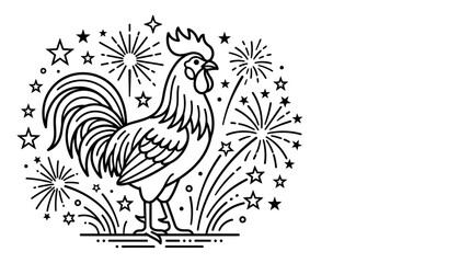 Fototapeta premium Black and white line art illustration of a rooster with fireworks.
