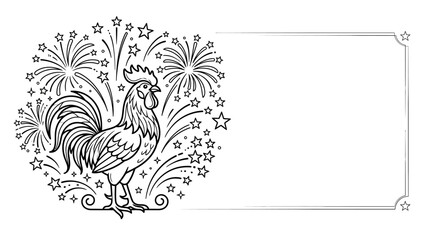 Black and white line art illustration of a rooster with fireworks. © sumi yati