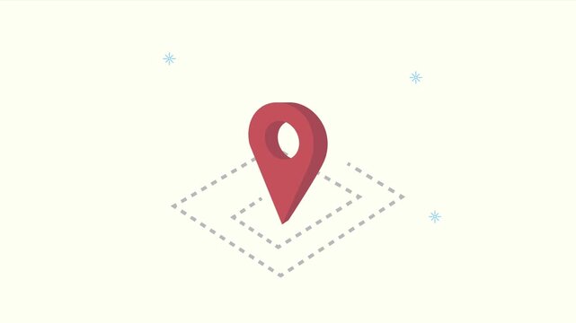 Animated isometric map pin icon floating on dotted navigation surface with blue sparks on white background.