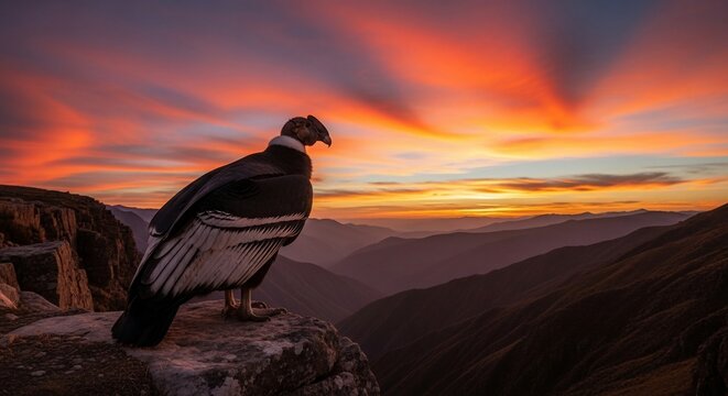 Andean condor perched at sunset