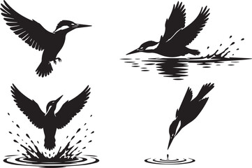 Obraz premium Set of Kingfisher Bird Silhouette Vector Illustrations Featuring Diving, Flying, and Splashing Actions in Black and White for Logo Design, Nature Projects, and Outdoor Branding Graphics.