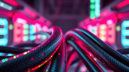 Fototapeta premium Futuristic tunnel, vibrant neon lights, dark cables dominate view. Intense colors create immersive digital atmosphere.