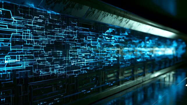 Glimmering server room reveals a futuristic data network bathed in cool neon light and geometric design