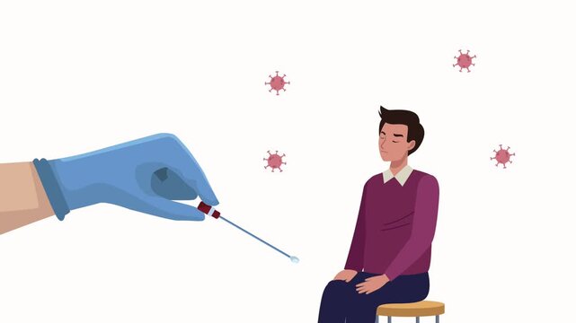 Animation of medical hand holding covid19 test swab with male patient sitting near coronavirus particles.