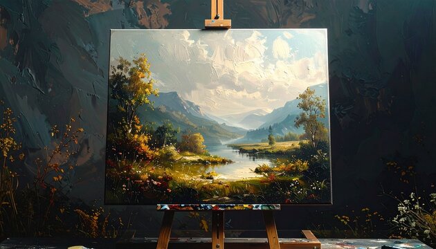 A Beautiful Oil Painting of a Peaceful Mountain River Landscape Resting on a Wooden Easel in a Creative Artist Studio Environment Setting.