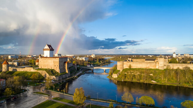 Panoramic aerial view of Narva Castle and the Ivangorod Fortress across the Narva River under a rainbow.