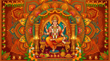 Obraz premium Hindu Goddess Lakshmi seated on a throne in a traditional setting.
