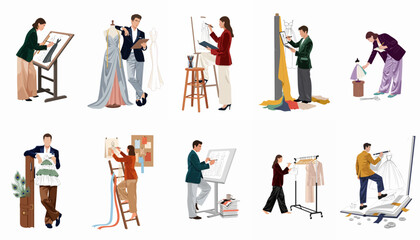 Fototapeta premium Set of flat vector illustrations of fashion designers sketching, draping fabric, and creating garments in their studio environment.