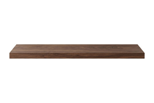 Floating dark walnut wooden shelf on transparent background