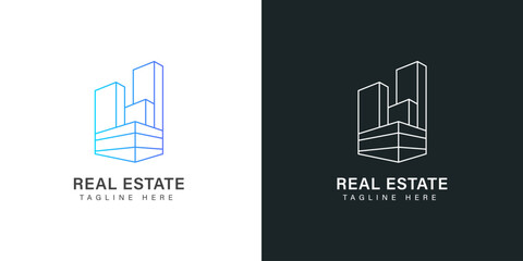 Fototapeta premium Modern abstract line art building logo concept, ideal for real estate, property development, or urban planning businesses, presented in both vibrant gradient and clean white versions.