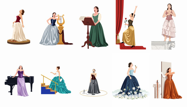 Set of ten vector illustrations featuring elegant female opera singers in dramatic poses, wearing historical gowns and performing with various musical instruments and stage props.