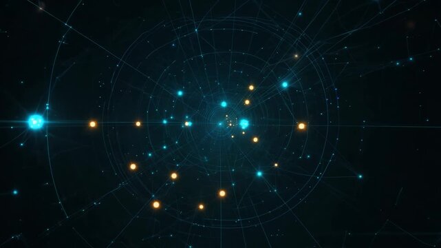 Abstract digital visualization of interconnected particles and glowing nodes in a cosmic space, showcasing a dynamic flow of energy and light across the dark background