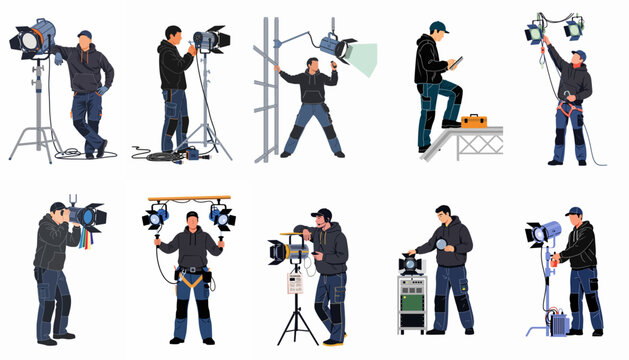 Collection of professional lighting technicians and stage crew workers setting up studio lights and equipment for film, television, and live events.