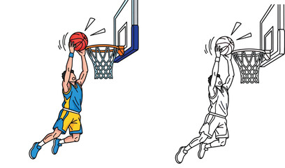 Vector illustration of a basketball player performing a slam dunk, featuring both full color and black outline line art versions. © MstTabassum