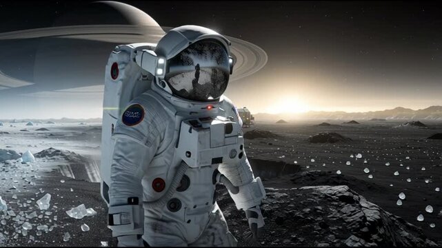 Cinematic astronaut on icy planet inspired by interstellar movie