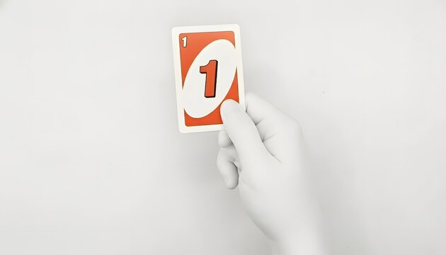 Artificial Hand Holding a Red UNO number one Card Against a white Background. Uno card isolated on white background