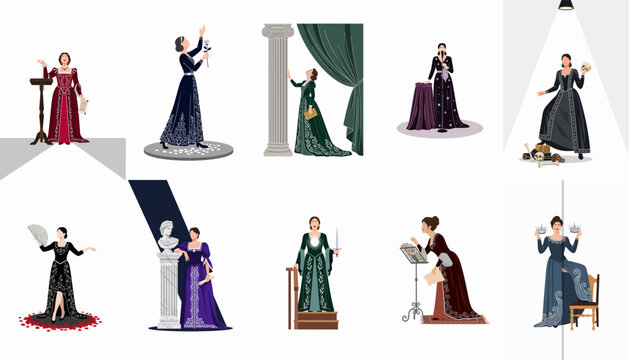 Collection of Female Opera Singers and Theater Performers in Ornate Historical Costumes, Illustrating Diverse Dramatic Scenes and Elegant Stage Poses
