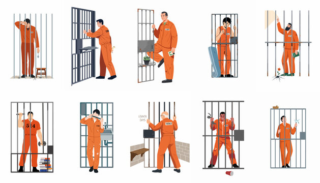 A collection of diverse male prisoners in orange jumpsuits behind bars, showing various daily activities and emotional states in flat vector illustration style.