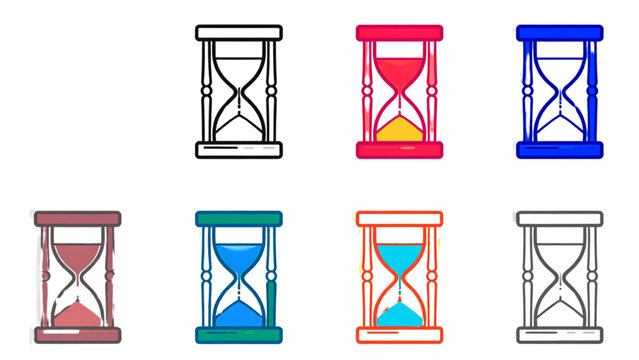 Vector icon hourglass time same pose same proportions four styles black solid glyph outline minimal flat multicolor filled cartoon flat shaded