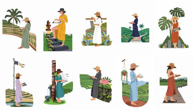 Collection of flat illustrations showing a digital nomad woman working remotely with a keyboard in various tropical Balinese rice terrace settings.