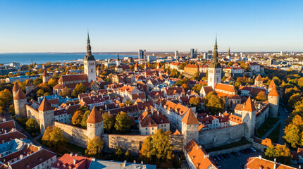 Obraz premium Panoramic aerial view of the historic Tallinn Old Town with its medieval architecture and spires under a clear blue sky.
