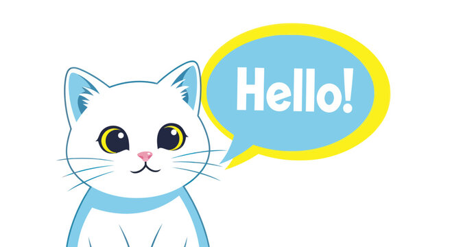 Cute white cat saying hello with speech bubble, illustration