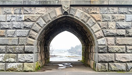 Naklejka premium A stone arched tunnel providing a scenic view of a misty river landscape with an ancient architectural design and textured masonry walls.