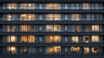 Obraz premium Facade of an apartment building showing multiple illuminated windows and textured exterior in night setting