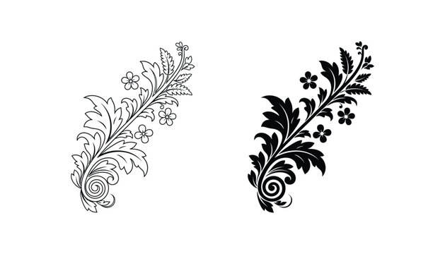 Elegant floral scroll ornament with swirling leaves and flowers in decorative vector illustration style for stationery and luxury branding