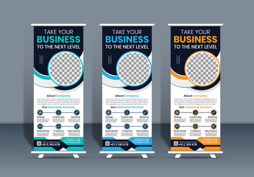 Corporate Business Roll Up Banner Template Set with Modern Blue and Orange Abstract Design