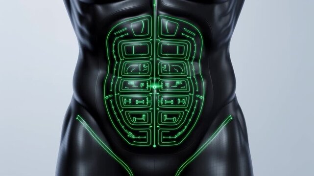 消化器外科ロボットの腹部にエメラルドグリーンの回路が起動する精密な医療インフラ背景