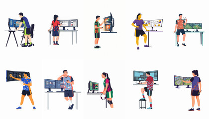 Fototapeta premium Flat vector illustrations of professional eSports players and analysts using multi-monitor setups for data analysis, coaching, and strategic planning in gaming.