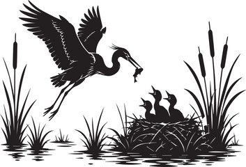 Fototapeta premium Majestic Heron Silhouette Landing at Marsh Nest to Feed Hungry Chicks with Fish, Detailed Wildlife Vector Illustration for Nature Lovers, Wetlands Scene with Reeds and Cattails.